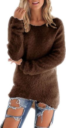 Generic Ladies Jumpers Fleece Crew Neck Womens Sweaters Mid Length Warmth Long Sleeve Tops Solid Color Sweaters for Women UK Autumn Winter Lounge Wear Womens 