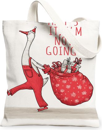 Generic Christmas Goose Canvas Tote Bags, Cute Animal Holiday Design Reusable Grocery Bags, Festive Lightweight Washable Shoulder S, Red, 13x15 Inch