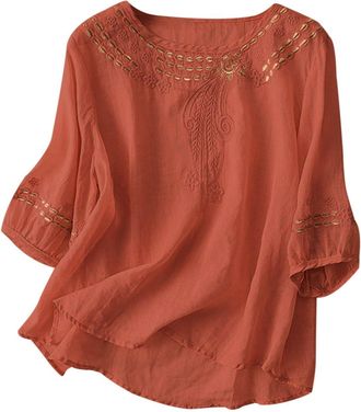 Generic Linen Tops for Women UK Three Quarter Sleeves Ladies Blouses Elegant Broderie Anglaise Boho Shirts Cotton Tunic Tops Floaty Long T Shirts Cheesecloth 