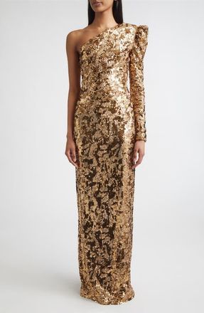 St. John Sabrina Stretch Sequin One Shoulder Long Sleeve Gown in Copper at Nordstrom, Size 12