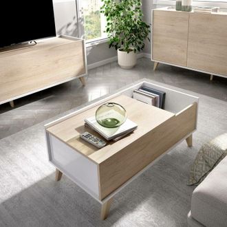 Dmora Mesita Dburs, Revistero de salón con compartimento, Mesita baja, 99x60h41 cm, Roble y Blanco - Dmora