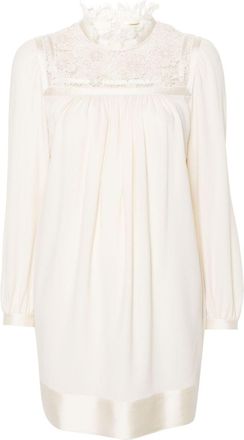 Saint Laurent Neutral Lace-Trim Wool Mini Dress - Womens - Silk/Wool/Polyamide