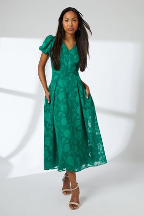 Principles Womens Green Floral Jacquard Puff Sleeve Midi Dress - Size 20 UK