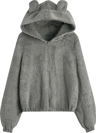 Generic Womens Fleece Jacket with Ears Warm Hooded Teddy Coat Full Zip Hoodie Soft Fuzzy Sherpa Jacket Chic Long Sleeve Zipper Winter Sweatshirt Gray XL