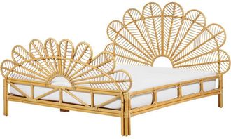 Beliani Cama Con Somier De Rat&aacute;n Madera Clara 160 X 200 Cm Panel Trenzado Pavo Real Florentine