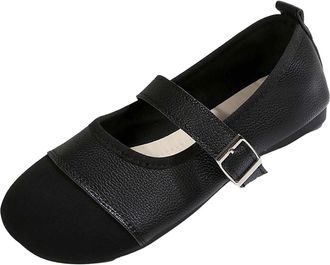 Generic Womens Leopard Print Strap Mary Jane Flat Size 7.5 Sale Clearance Round Toe PU Leather Ballerina Shoes Black Footwear