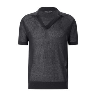 Tom Ford Polo Shirts, male, Black, Size: 3XL Silk Crochet Polo