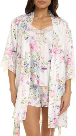 Flora Nikrooz Sabrina Floral Print Satin Short Pajamas & Robe Set in Pearl at Nordstrom, Size X-Small
