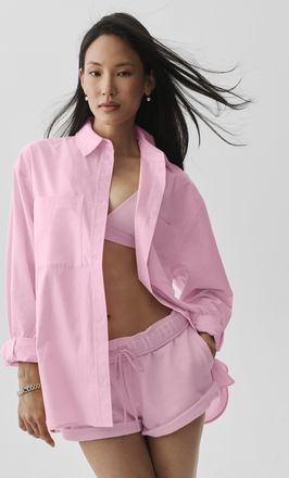 Alo | Cotton Real Deal Button Up Long Sleeve Top in Pink Marshmallow, Size: Medium