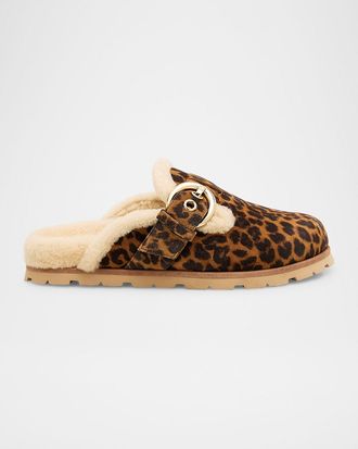 Stuart Weitzman Chrystie Shearling-Lined Leopard Suede Mules
