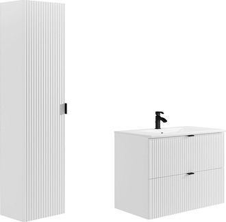 Vente-Unique Mueble de ba&ntilde;o suspendido estriado con lavabo encastrado y columna - Blanco mate - 80 cm - ZEVINI