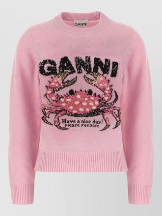 Ganni crew neck top graphic print ribbed edges