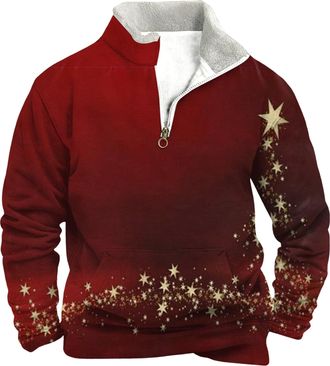 Generic Christmas Jumpers for Men 1/4 Zip Xmas Tree Pullover Ugly Christmas Sweatshirt Long Sleeve Sweater Fleece Stand Collar Sweatshirt Reindeer Snowflakes 