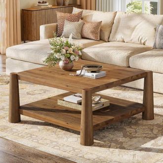 Tribesigns Tribesigns Square Solid Wood Coffee Table, 34 Farmhouse Center Table with 2-Tier Storage and Sturdy Legs, Accent Cocktail Table for Living Room