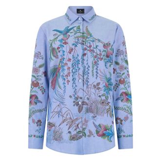 Etro Camisa Oxford de Algod&oacute;n con Estampado Colocado de Flora y Fauna - Blouses & Shirts - Mujer - Azul - S