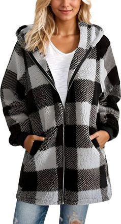Generic Womens Plaid Fleece Jacket Warm Winter Teddy Coat with Hood and Pockets Soft Thick Sherpa Jacket Loose Anorak Outwear Gray M