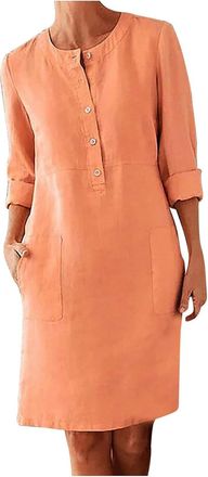 Generic Linen Cotton Dress for Women Womens Half Button Down Linen Dress Button Up Shirt with Pockets Round Neck (Orange,M)