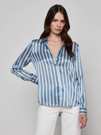 L'agence Tyler Silk Blouse In Blue Multi Herringbone