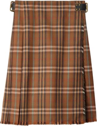 Burberry Geruite wollen midirok - Dames - Midirokken - Bruin - 2XS - Wol - Rokken