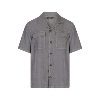 PESERICO Peserico, Short Sleeve Shirts, male, Blue, Size: 3XL Linen Canvas Camp Shirt