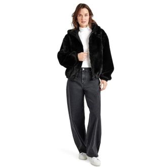 Splendid Mikki Fur Bomber Jacket Womens Black Hooded Long Sleeve GBO1966
