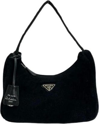 Prada Pre-owned Shoulder Bags, female, Black, Size: ONE SIZE Pre-owned Triangle Logo Shearling Handbag