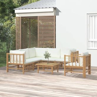 vidaXL Set De Muebles De Jard&iacute;n 7 Piezas Bamb&uacute; Y Cojines Blanco Crema Vidaxl