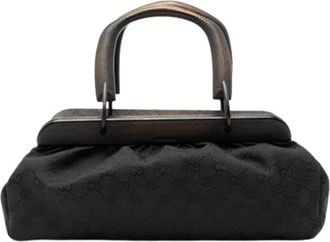 Gucci Pre-owned Handbags, female, Black, Size: ONE SIZE Pre-owned Canvas Handbag with Wood Frame