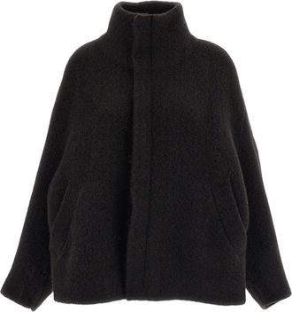 Boboutic Brown High Collar Zip Wool-Blend Knit Jacket