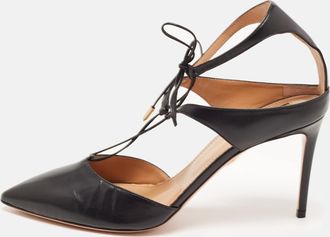 Aquazzura Black Leather Pointed Toe Ankle Strap Pumps