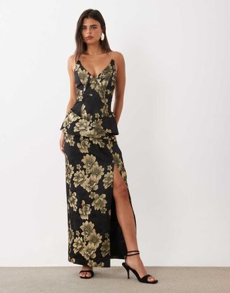 Asos vestito midi jacquard nero e oro-Multicolore