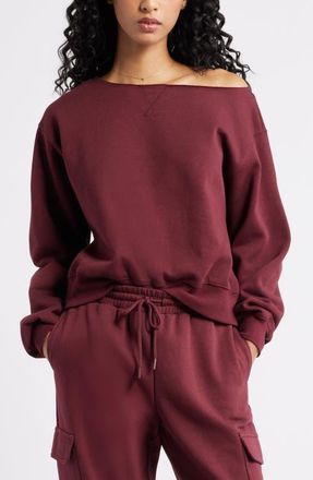 BP. Fleece Detail Off the Shoulder Sweatshirt in Burgundy Tannin at Nordstrom, Size Small