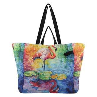 Generic Flamingo Colorful print Reusable Canvas Tote Bag, Heavy Duty Grocery Shopping Bag with Hard Bottom Double Handles Large Capacity Work Groceries Travel