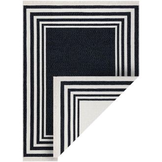 RugsX Alfombra Twin 22990 Marco, Algod&oacute;n, Doble Cara, Flecos Ecol&oacute;gicos - Azul Oscuro / Crema Black 140x190 Cm