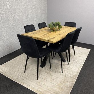 Kosy Koala Wooden Brown Dining Table with 6 Black Velvet Chairs, Stylish Dining Room Furniture