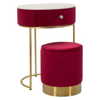 Dmora Toque De Lujo: Tocador Mbale Con Caj&oacute;n, Tapizado De Terciopelo Acolchado, Estructura Met&aacute;lica, 52x52x70h Cm, Rojo