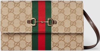 Gucci Horsebit Web Wallet With Strap, Beige, GG Canvas