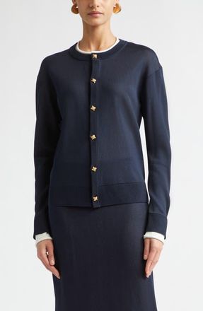 Bottega Veneta Double Layer Silk Cardigan in 4073 Midnight Blue/chalk at Nordstrom, Size Medium