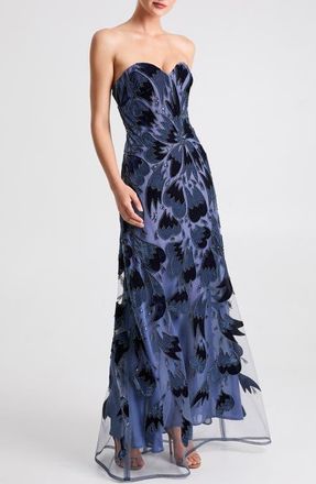 Helsi Sasha Velvet Trim Strapless Gown in Denim Blue at Nordstrom, Size X-Large