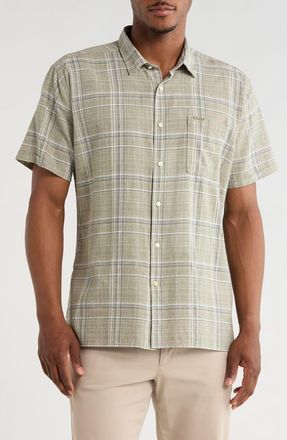 Barbour Coldingham Regular Fit Windowpane Short Sleeve Linen & Cotton Button-Up Shirt in Light Moss at Nordstrom Rack, Size X-Large