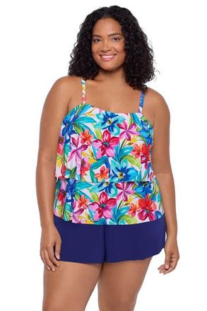 Trimshaper Roxy Double-Tiered Control Plus Size Swim Romper in Tropical Treasure at Nordstrom, Size 22W