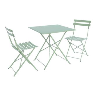 Sweeek Mesa de jard&iacute;n cuadrada plegable de metal, 2 sillas, verde gris&aacute;ceo