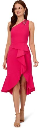 Adrianna Papell Womens One Shoulder Crepe Midi Dress - Pink - Size 16 UK