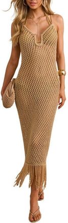 VICI Collection Dusk Glow Crochet Fringe Cover-Up Dress in Gold at Nordstrom, Size X-Small