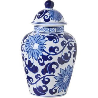 Beliani Flower Vase with Lid White and Blue Lidded Ginger Jar Porcelain Decorative Table Accessory Antique Vintage CUENCA