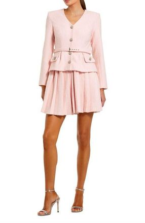 Mac Duggal V-Neck Boucl&eacute; Long Sleeve Mini Dress with Buttons in Blush at Nordstrom, Size 10