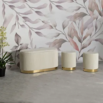 Dmora Panca Soroti, Con Dos Taburetes, Banco Almacenamiento, Estructura Met&aacute;lica, Asiento Blanco, 80x37x42h Cm Blanco Crema