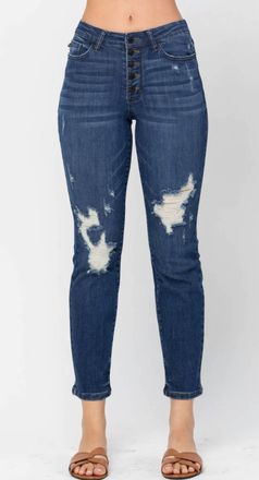 Judy Blue High Waist Zigzag Button Fly Destroy Boyfriend Jeans - Plus In Dark Wash