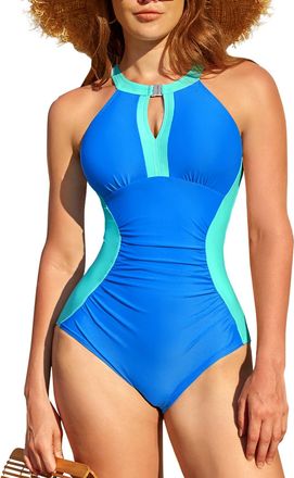 SHEKINI Womens One Piece Swimsuit Crisscross Back Ruched Tummy Control Swimming Costume Color Block Slimming Swimwear, Sky Blue & Green, XX-Large