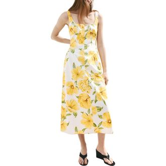 Mango Island Floral Drop Waist Midi Dress in Yellow at Nordstrom, Size 10